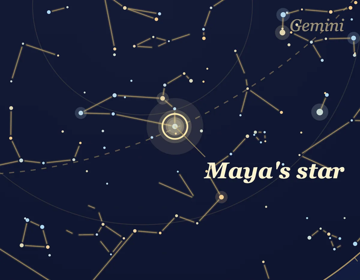 Close-up of a birth-night star map: a featured star labeled 'Maya's star' near the Midheaven marker.