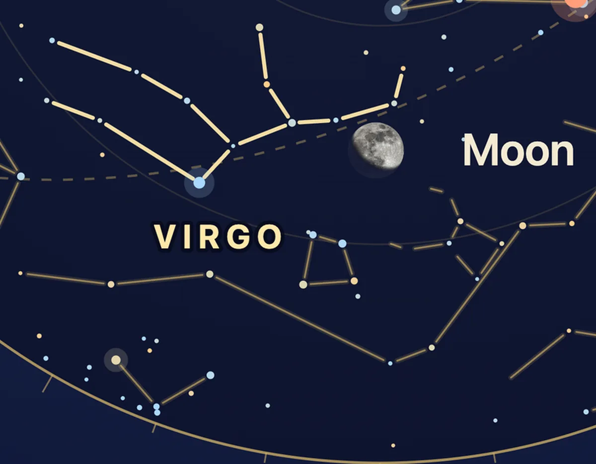 Close-up of a graduation star map: the Moon in Virgo, with the constellation outlined.