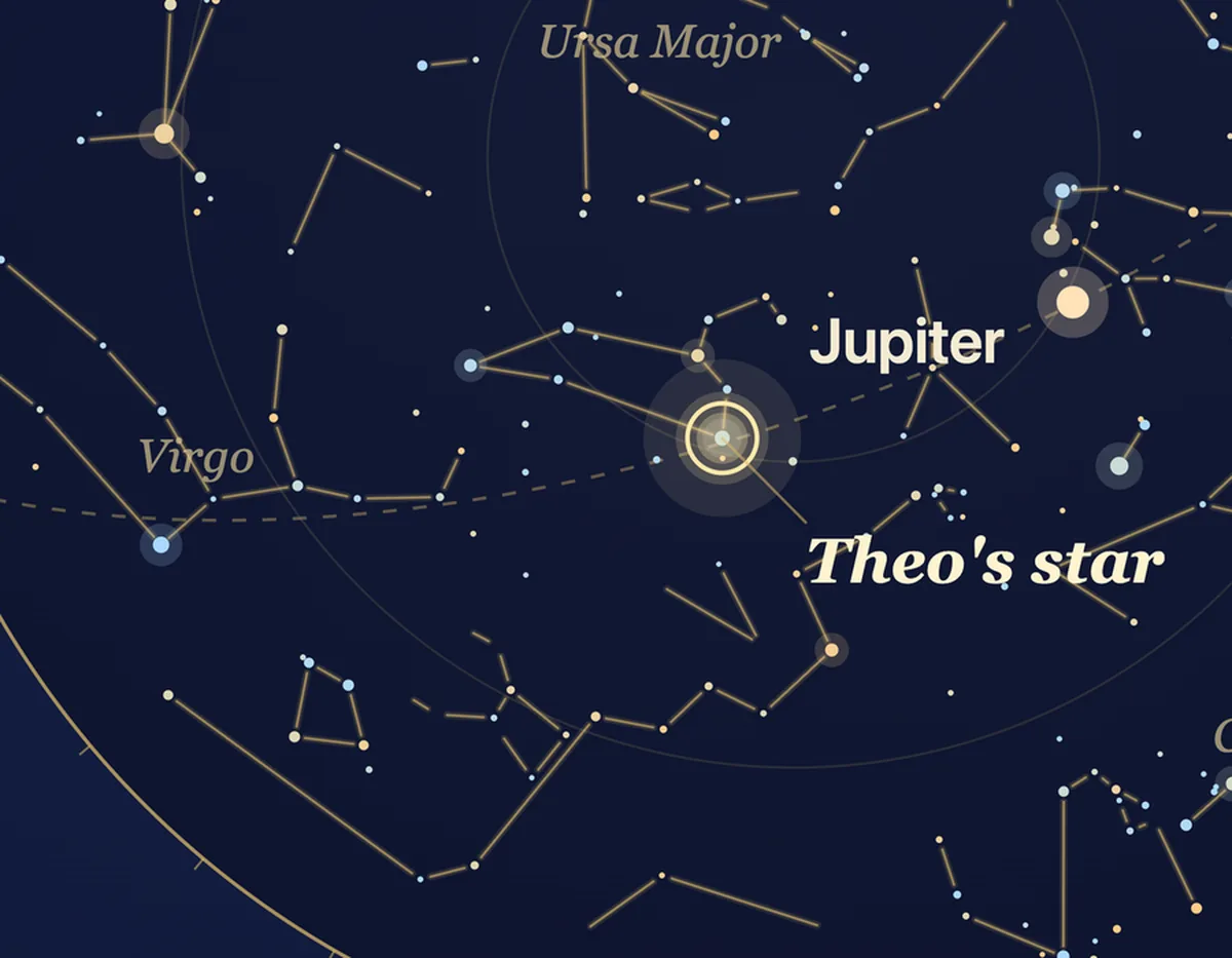 Close-up of a new-baby star map: a featured star labeled 'Theo's star' near Jupiter and the Midheaven marker.