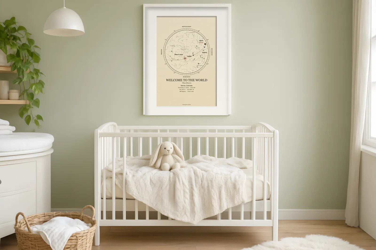 A cream star map titled 'Welcome to the World' in a white frame above a crib in a sage-green nursery.