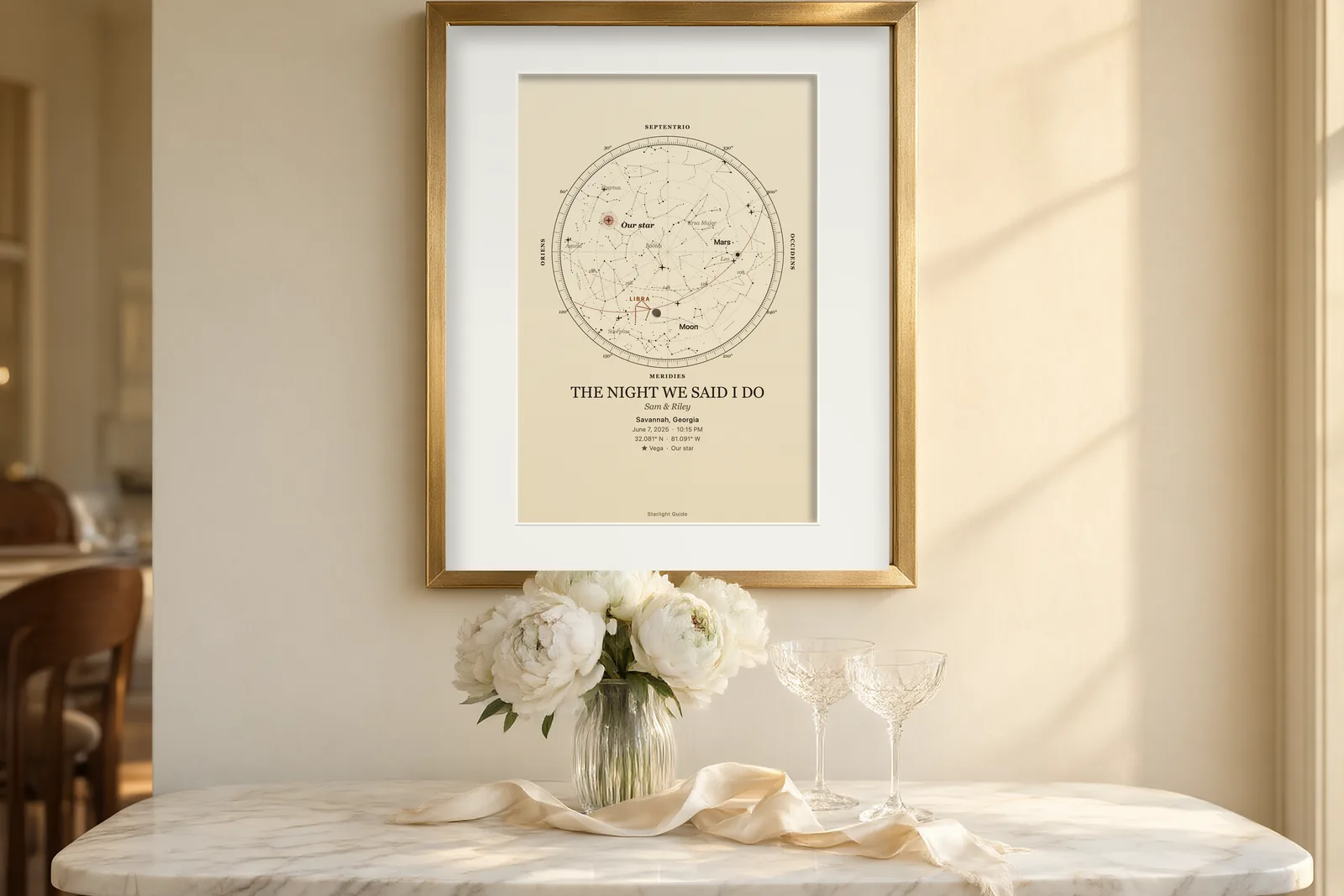 A framed star map of a wedding night sky on a wall
