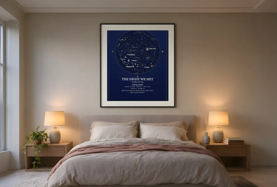 A framed star map of the night sky above Chicago hanging over a bed