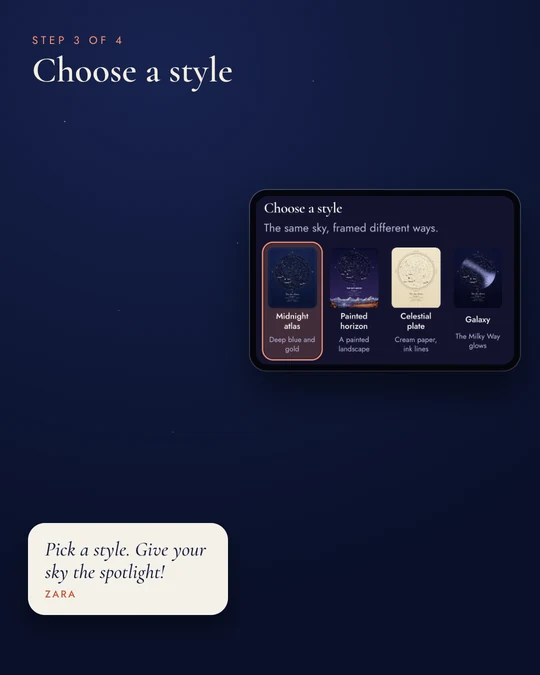 Step 3: choose a style. Pick a style. Give your sky the spotlight! Zara